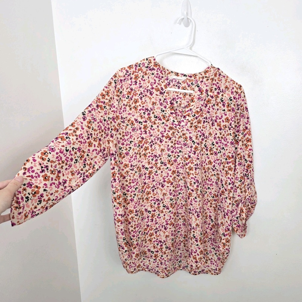 Lush Blush Pink Floral Roll Tab Sleeve Spring Cute Going Out Girly Blouse Size L